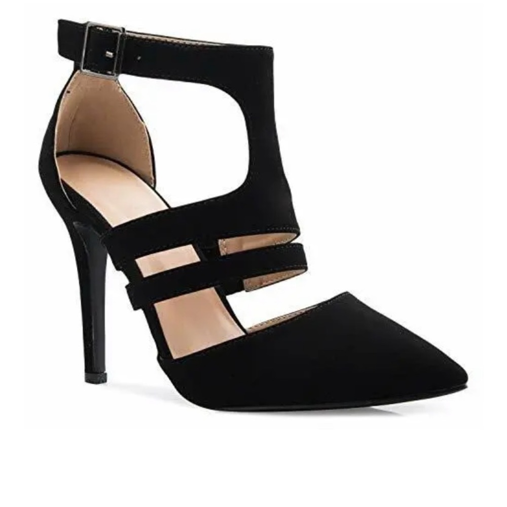 Woman’s ankle strap pointy toe D’Orsay Stilleto mid high heels- Sexy Cut